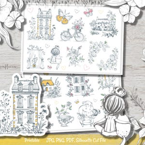 Könnte beinhalten: Eine Sammlung druckbarer digitaler Aufkleber mit handgezeichneten Illustrationen. Die Designs umfassen Häuser, Schmetterlinge, Blumenarrangements, ein Fahrrad mit Blumen und ein Mädchen. Die Aufkleber sind in Schwarzweiß mit gelben Akzenten gehalten. Der Text "Printable JPG. PNG. PDF. Silhouette Cut File" ist sichtbar.