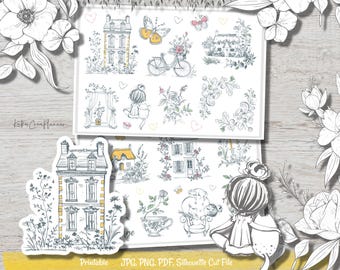 Cottagecore Printable Planner Stickers: Floral Watercolor Bujo Stickers (Digital Download)