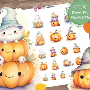 Cute Pumpkin and Ghost Printable Planner Stickers, Halloween Stickers, Planner Accessories, Bujo Stickers, Witch Sticker, Scrapbook Stickers