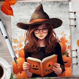 WITCH GIRL Couverture de planificateur imprimable/Papier numérique d’Halloween/Insert de planificateur mystique/Carte de vœux d’automne/Aquarelle Automne Spooky Wall Art