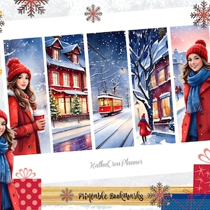 May include: Four printable bookmarks featuring a winter scene with a red building, a streetcar, a snowy street, and a woman in a red coat and blue scarf. The text "KatkaCrea Planner" and "Printable Bookmarks" is at the bottom of the image.
