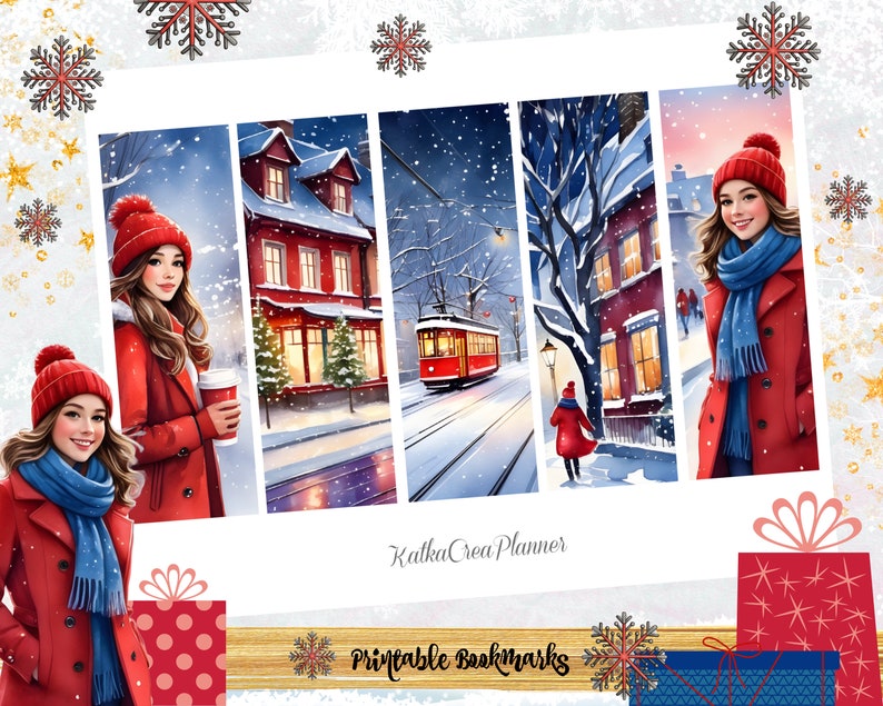 May include: Four printable bookmarks featuring a winter scene with a red building, a streetcar, a snowy street, and a woman in a red coat and blue scarf. The text "KatkaCrea Planner" and "Printable Bookmarks" is at the bottom of the image.