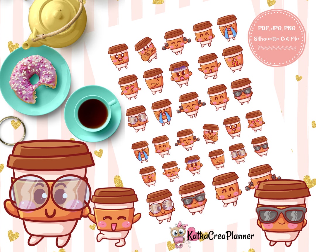 Cute Coffee Cup Printable Planner Stickers, Kawaii Stickers, Bullet ...