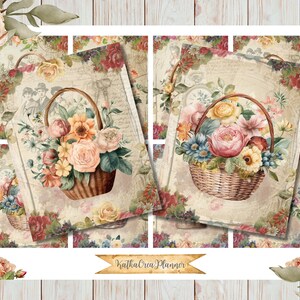 Folha de colagem digital de cesta de flores vintage, cartões de diário ATC de design floral, coisas efêmeras com tema de harmonia de flores, diário de lixo vintage, arte de parede