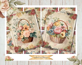 Vintage Floral Basket Collage Sheet: ATC Journal Cards (Digital Download)