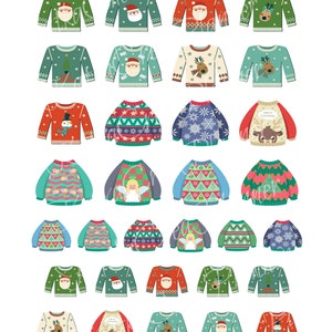 May include: A collection of 30 illustrated Christmas sweater designs. The sweaters feature various holiday themes, including Santa Claus, reindeer, snowflakes, and Christmas trees. The sweaters are in a variety of colors, including red, green, blue, and white.