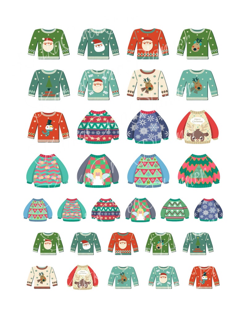 May include: A collection of 30 illustrated Christmas sweater designs. The sweaters feature various holiday themes, including Santa Claus, reindeer, snowflakes, and Christmas trees. The sweaters are in a variety of colors, including red, green, blue, and white.