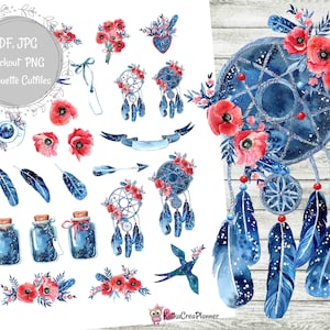 Adesivi stampabili Poppy Dreams, adesivi Boho Floral Acquerello Planner, Erin Condren, Happy Planner, Filofax, Kit adesivi Dream Catcher