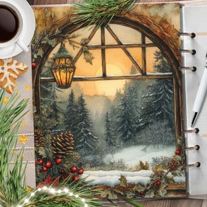 FENÊTRE DE NOL 2. Couverture imprimable de l'agenda/intercalaire pour les vacances d'hiver/paysage de Noël carte de voeux/planificateur aquarelle tableau de bord