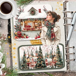 May include: A planner page with a winter theme. It features a woman in a white coat and scarf, looking up at a snow-covered market scene. Below is a winter village scene with Christmas trees and lights. A cup of coffee and a pen are also visible.