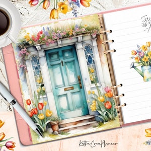 SPRING COTTAGE DOOR druckbare Planer Cover/Aquarell Frühlingsblumen Planer Divider/Blumen Grußkarte/Tulpen Planer Dashboard