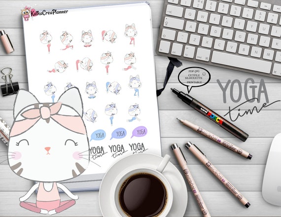 Yoga Time Printable Planner Stickers Meditate Cat Workout Etsy
