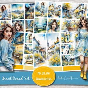 BLUE VIBES Adesivos para planejador de humor aquarela imprimível/adesivos de diário de bala/adesivo de planejador vertical floral/kit de adesivos decorativos