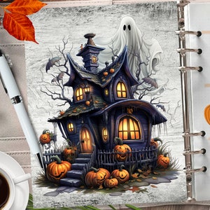 Couverture de planificateur imprimable de nuit hantée/Papier numérique d’Halloween/Insert de planificateur mystique/Carte de vœux d’automne/Aquarelle Automne Spooky Wall Art