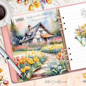 May include: A watercolor illustration of a cottage with a garden full of flowers. The text "SPRING" is written in the top left corner of the image. The text "A lovely reminder of how beautiful change can truly be" is written in the top right corner of the image. The text "Spring is in the air" is written in the top right corner of the image.