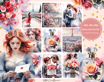May include: A digital collage of nine images featuring a romantic Parisian theme. The images include a woman in a red dress walking towards the Eiffel Tower, a couple embracing in front of the Eiffel Tower, a bottle of perfume with roses, and a bouquet of roses. The collage is perfect for scrapbooking, card making, or digital design projects.
