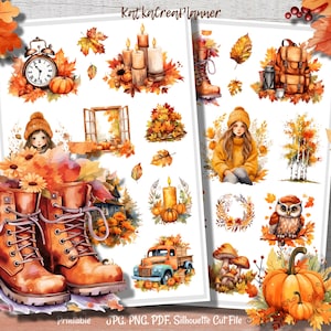 May include: A printable sheet of fall-themed stickers featuring watercolor illustrations. The stickers include pumpkins, boots, an owl, a girl in a yellow sweater, and autumn leaves. The text "KattkaCreapPlanner" is at the top.