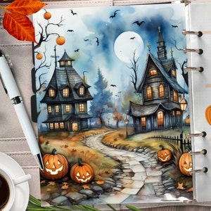 HALLOWEEN Village Couverture imprimable du planificateur/Papier numérique d’automne/Insert de planificateur mystique/Carte de vœux d’automne/Aquarelle Automne Spooky Wall Art