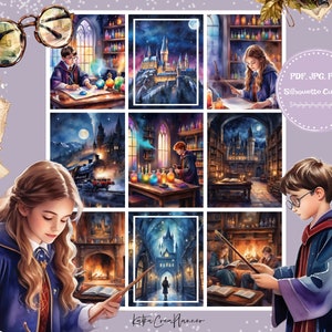 May include: A set of nine digital planner stickers featuring a magical school theme. The stickers include images of a castle, a train, a library, a potions classroom, and students in robes. The stickers are in PDF, JPG, and PNG format and are silhouette cut files.