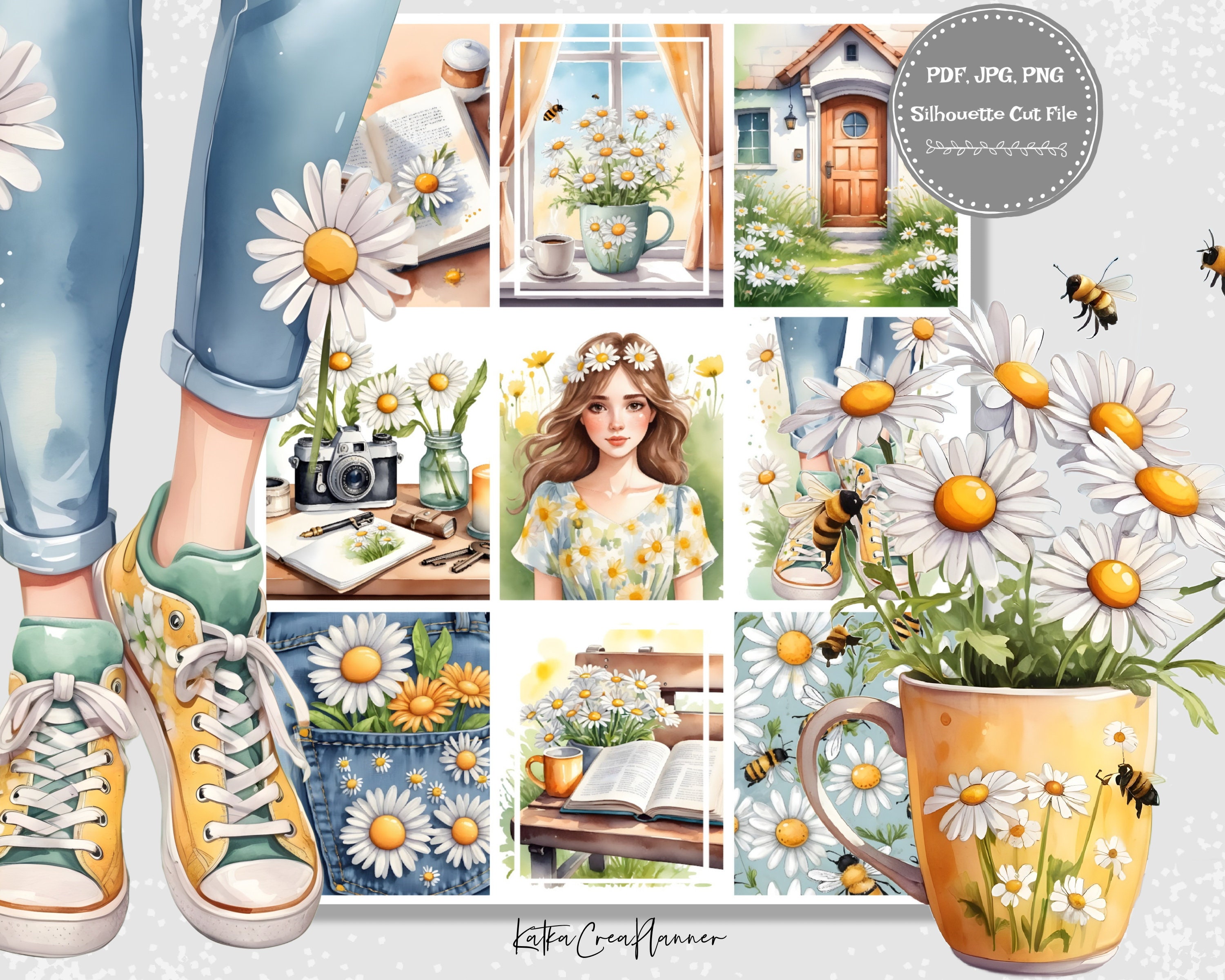 DAISY Printable Weekly Planner Stickers for Vertical Planner/Floral Watercolor Planner Stickers/Erin Condren Spring Summer Sticker Kit