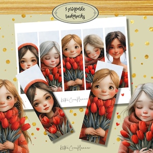 GIRL with Tulip printable bookmark/watercolor bookmarks/digital bookmark/book lover gift/Spring is coming digital floral collage sheets