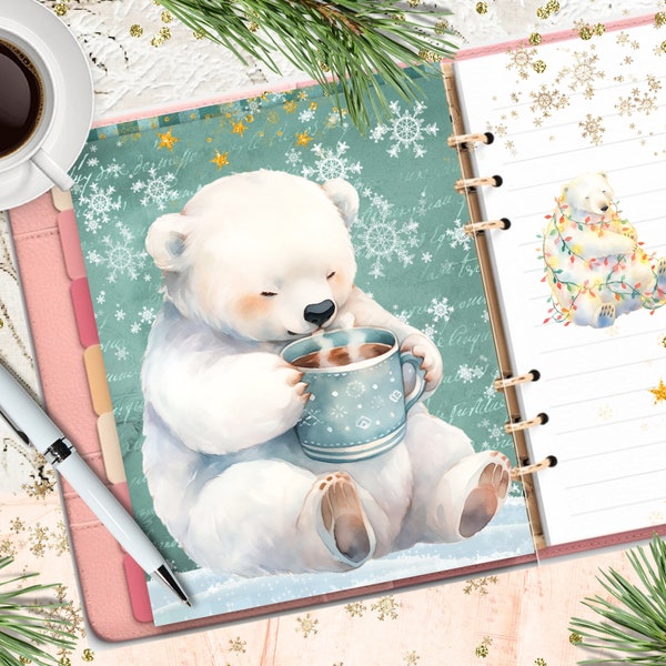 Polar Bear with Hot Chocolate Mug Printable Planner Cover/Winter Planner Divider/Teddy Greeting Card/Watercolor Winter Planner Dashboard