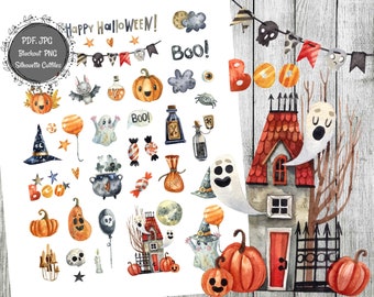 Happy Halloween Stickers, Printable Planner Sticker, Halloween, Planner Accessories, Bujo Stickers, Stickers Sheet, Sticker Set, Pumpkin
