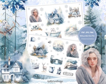 Adesivos decorativos para impressão FOGGY COTTAGE/adesivos para scrapbook de inverno/adesivos para bujo de Natal/caderno de viagem/adesivos para planejador para impressão