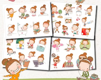 CUTE PLANNER GIRL Printable Stickers/Kawaii Girl Stickers/Girl Activities Sticker/Functional Planner Girl Stickers/Mood Tracker Printable