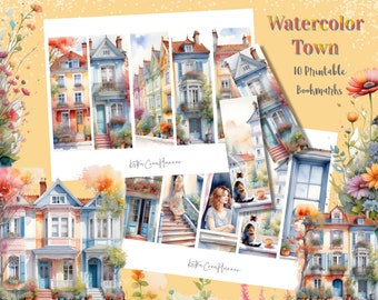 Watercolor Town printable bookmark/colorful house bookmarks/digital bookmark/book lover gift/spring summer digital collage sheets/scrapbook