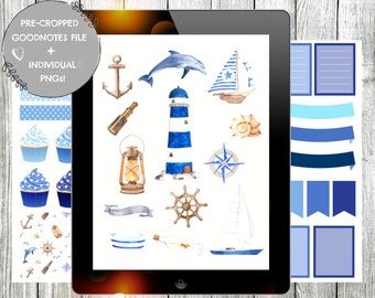 Adesivi per planner digitali estivi nautici: adesivi pretagliati Goodnotes (PNG)