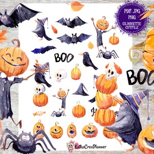 Pegatinas imprimibles FELIZ HALLOWEEN, pegatina espeluznante de acuarela, pegatinas de Bujo de otoño, pegatinas de álbum de recortes de otoño, calabaza, pegatina de diario