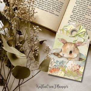Bunny in the Cup Printable Tags, Watercolor Digital Collage Sheet, Ephemera, Tea Time Junk Journal Kit, Rabbit Scrapbook Printable Gift tag