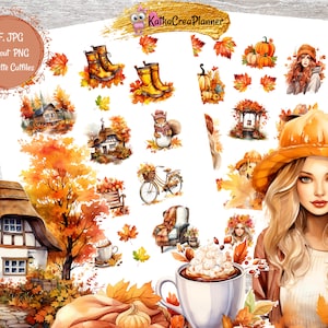 HERFST HARMONIE Afdrukbare Stickers, Fall Bujo Accessoires, Herfst meisjes, Scrapbook Sticker, Aquarel Stickers, Pompoen, Bladeren, Gezellig