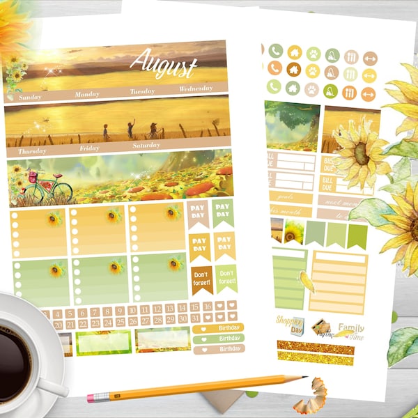 Stickers pour agenda mensuel d'août : agenda vertical Erin Condren (PDF, JPG, Silhouette)