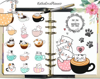 CATS IN MUG Printable Planner Stickers, Cute Animal Stickers, Bullet Journal Stickers, Kitten and Coffee Scrapbook Stickers, Bujo stickers,