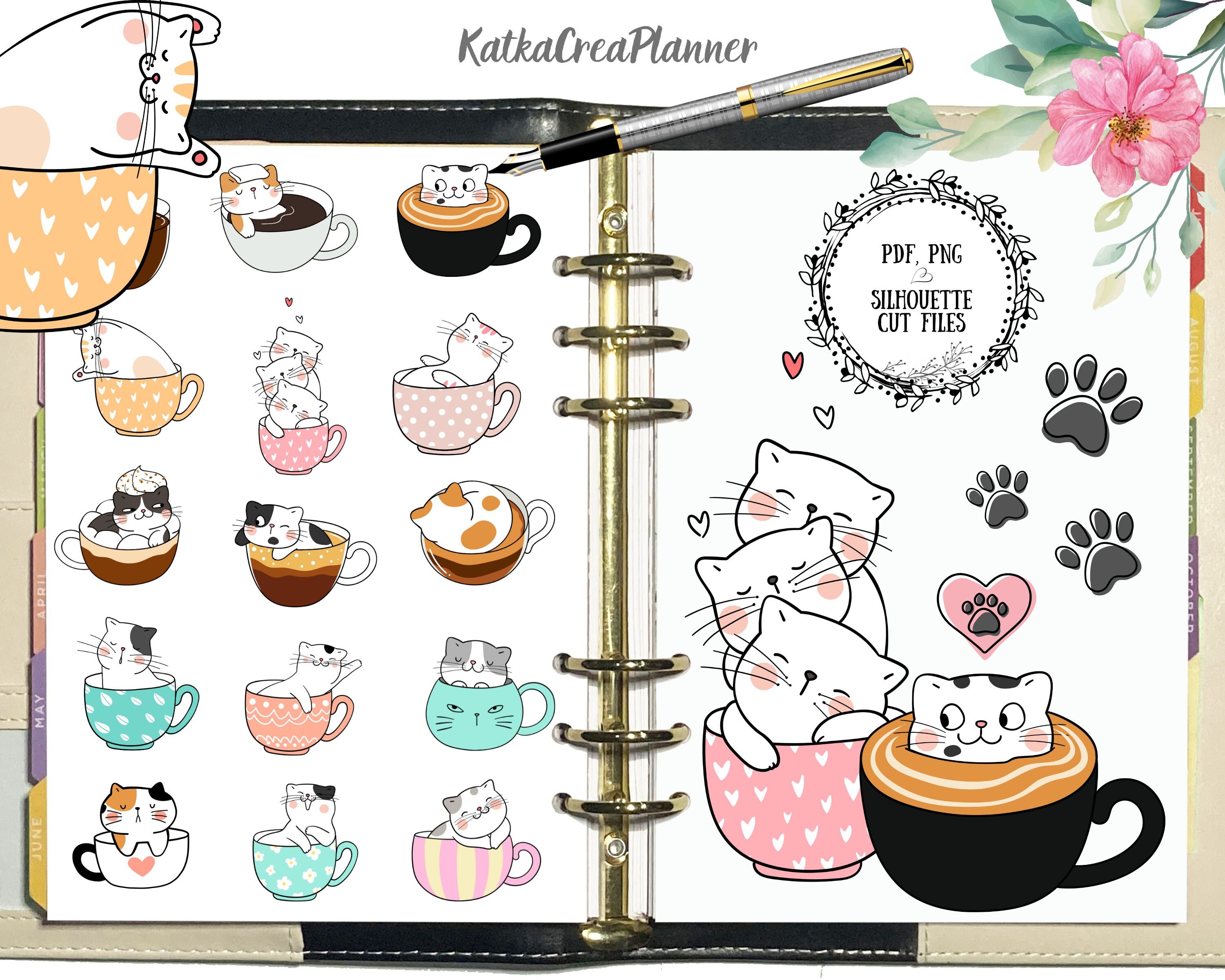 CATS IN MUG Printable Planner Stickers, Cute Animal Stickers, Bullet ...