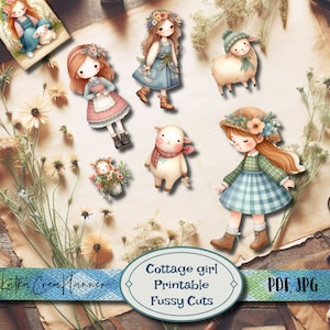 Découpes difficiles à imprimer COTTAGE GIRL, aquarelles éphémères vintage, kit de carnet de notes florales, autocollants imprimables de scrapbooking printemps-été