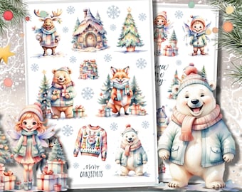 FUNNY CHRISTMAS Printable Deco Stickers/Winter Animals Scrapbook Stickers/Christmas Bujo Stickers/Printable Planner Stickers/Ephemera