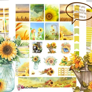 May include: A set of printable planner stickers featuring sunflowers, a watering can, a mason jar, and other fall-themed designs. The stickers are in a watercolor style and have a yellow, orange, and green color scheme. The text "PDF+JPG CUTFILE SILHOUETTE PRINTABLE" is included in the image.