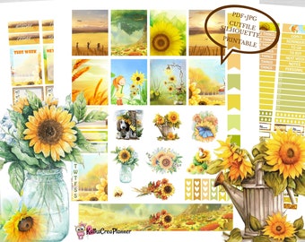 Sunflower Printable Planner Stickers for Erin Condren Vertical Planner EC Weekly Flower Kit Functional Stickers Travelers Notebook Icons