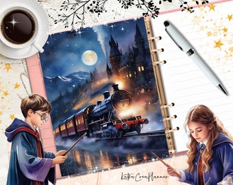 May include: A pink and gold planner with a Hogwarts Express train and castle illustration. The train is traveling through a snowy landscape under a starry night sky. The planner has a white lined page with a white stylus.