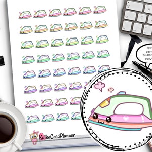 May include: A sheet of printable stickers featuring 36 colorful iron cutfile silhouettes with cute cartoon faces. The iron is green, pink, and blue with a rainbow trim. The text "PDF-JPG CUTFILE SILHOUETTE PRINTABLE" is in a speech bubble.