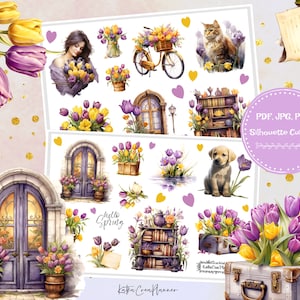 Afdrukbare stickers TULPEN, Bujo-stickers, bloemen aquarel stickers, lente/zomer planner deco, planner accessoires, plakboekstickers