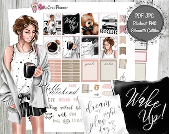 Wake Up Printable Planner Stickers for Erin Condren Planner, EC Coffee Time Weekly Kit, Travelers Notebook, Functional, Digital Download