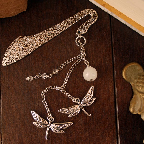 Dragonflies in Moonlight Bookmark on Silver Ornate with Tibetan Silver Dragonfly charms, Swarovski crystal beads & White Jade Bead