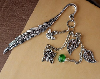 Green Garden Silver Finish Feather Bookmark Tibetan Silver Butterfly, Bee, Leaves Charms and Wire-Wrapped Spring Green Swarovski Crystal