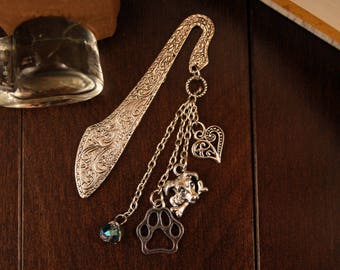Ornate Antique Silver Finish Bookmark for Dog Lovers with Dog & Bone Charm, Pawprint, Detailed Swirled Heart and Swarovski Crystal Bead
