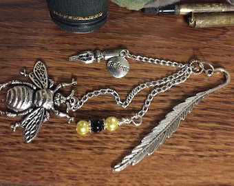 Feather Metal Bookmark with Large Silver Bee, Silver Pen Nib, and "Believe' Charm with Yellow and Black Czech Beads