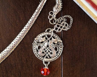 Dragon Bookmark Viking Dragon Pendant Silver Finish with Two Dragon Heads Celtic Knots with Celtic Connector and Fire Red Swarovski Crystal